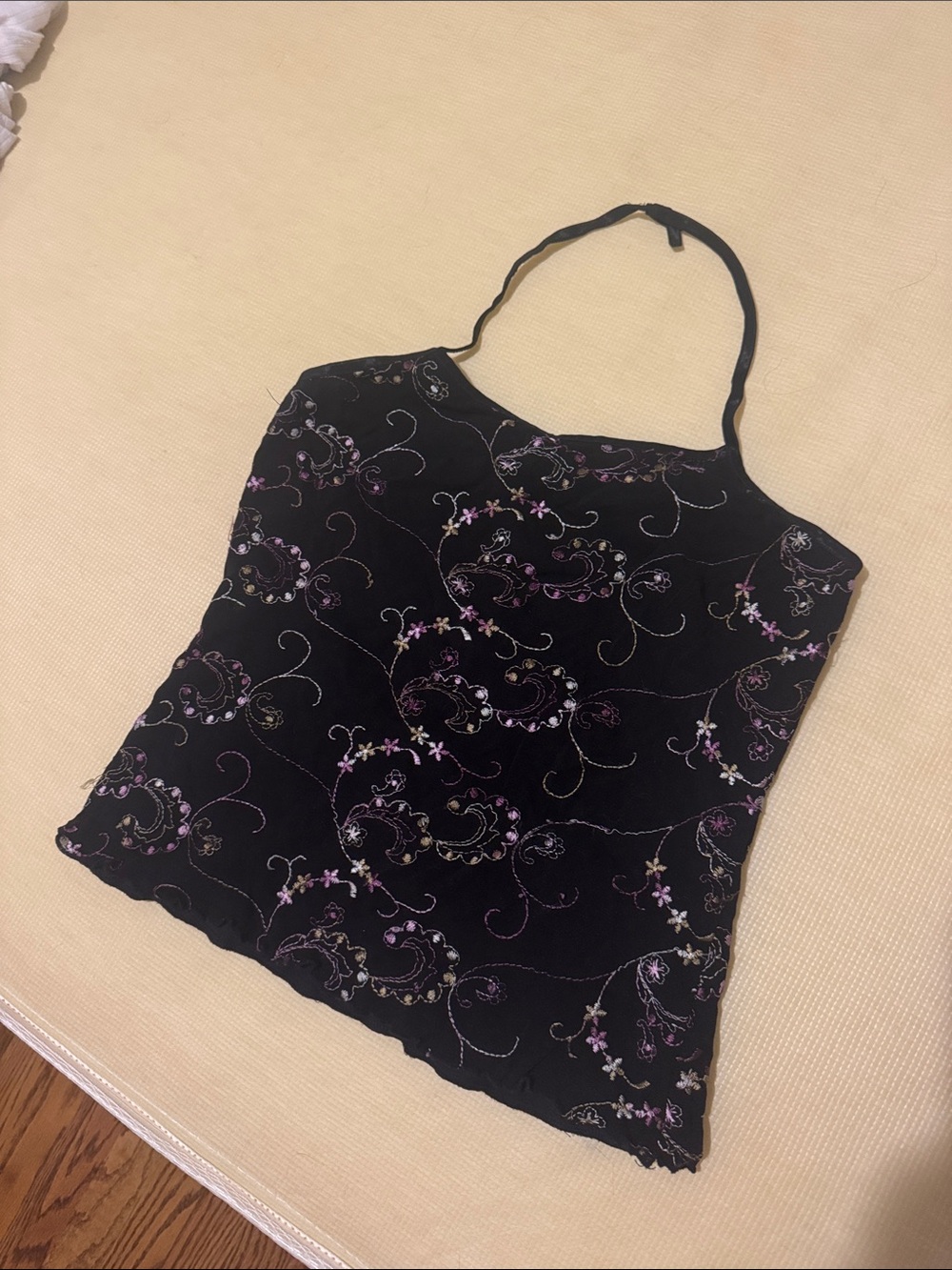 Vintage Y2K Black Floral Embroidered Halter Cami
